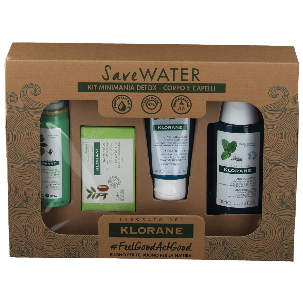 Coffret cadeau avec quatre produits dans une boîte en carton. Contient des flacons, un savon et un tube.