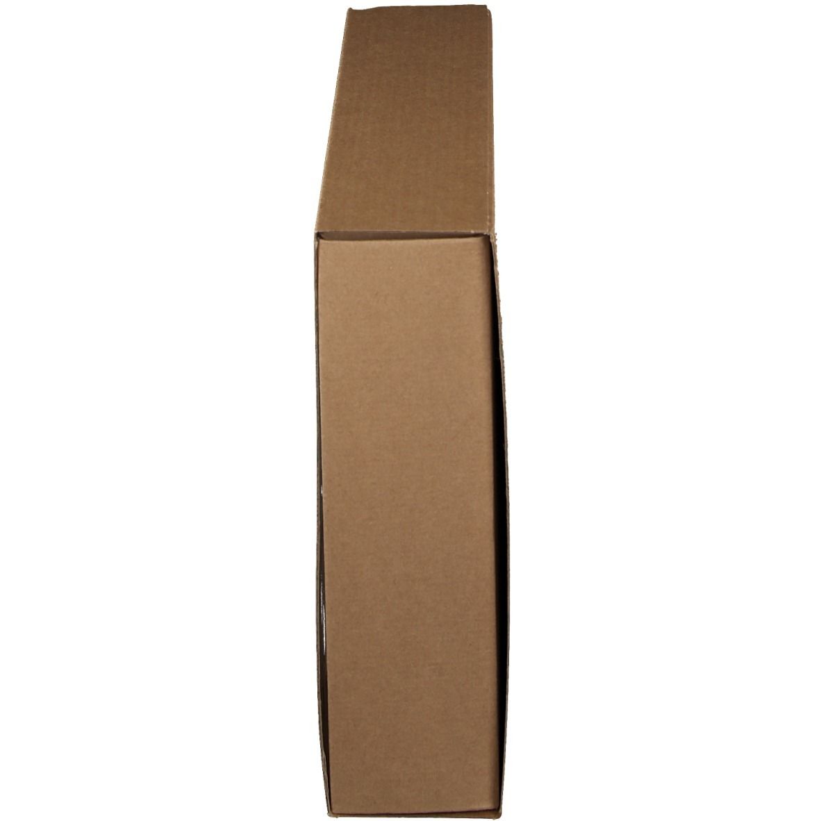 Boîte en carton marron, rectangulaire, en position verticale. Le dessus est légèrement ouvert.