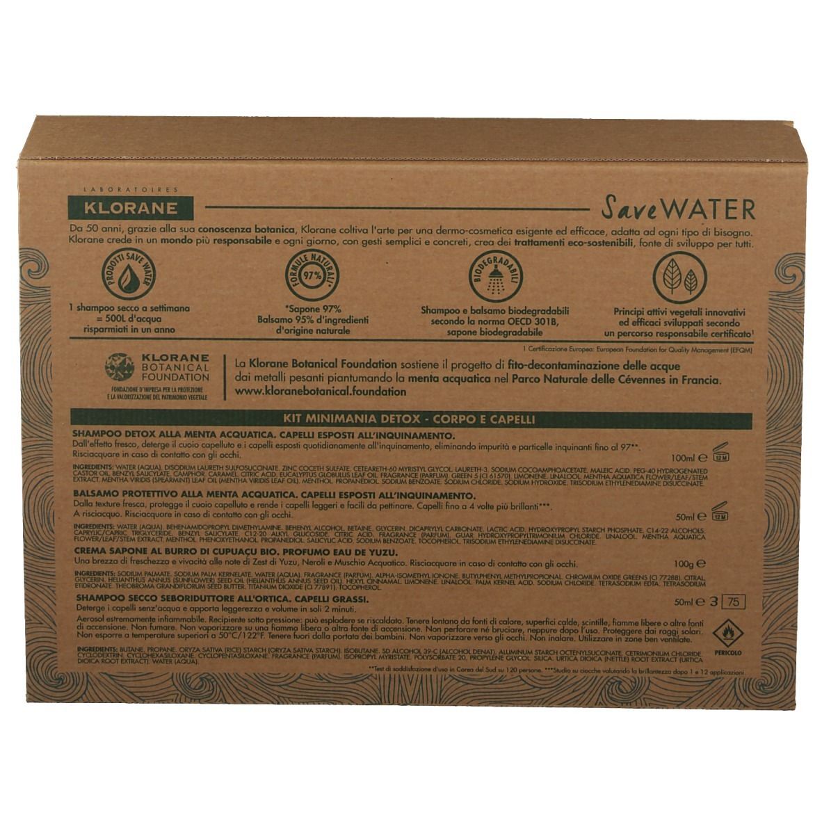 Dos de la boîte en carton avec texte. Contient des informations sur les produits et les certifications.