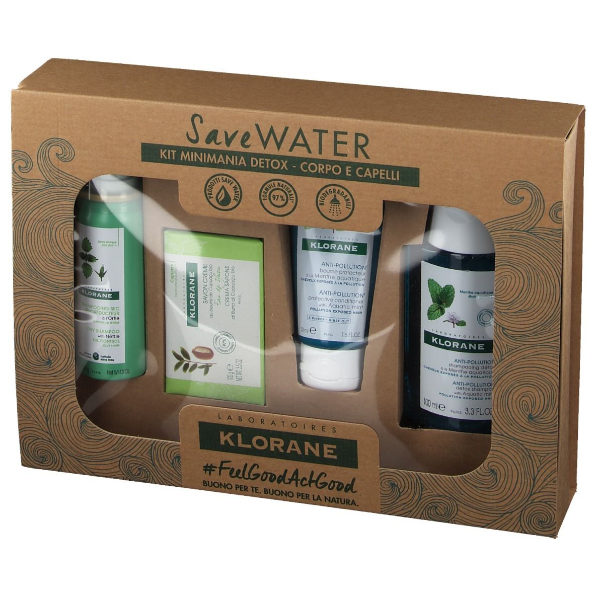 Coffret cadeau avec quatre produits dans une boîte en carton. Contient des flacons, un savon et un tube.