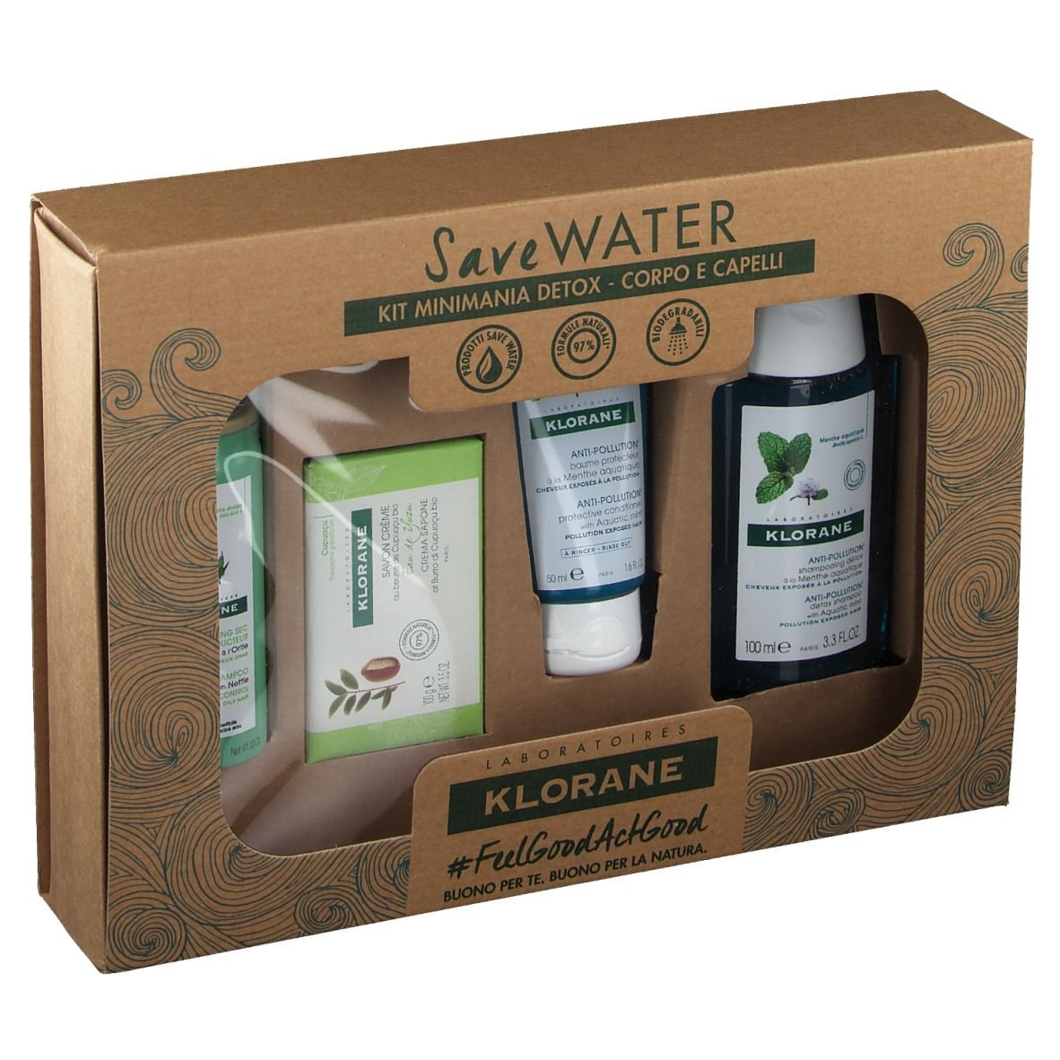 Coffret cadeau avec quatre produits dans une boîte en carton. Contient des flacons, un savon et un tube.