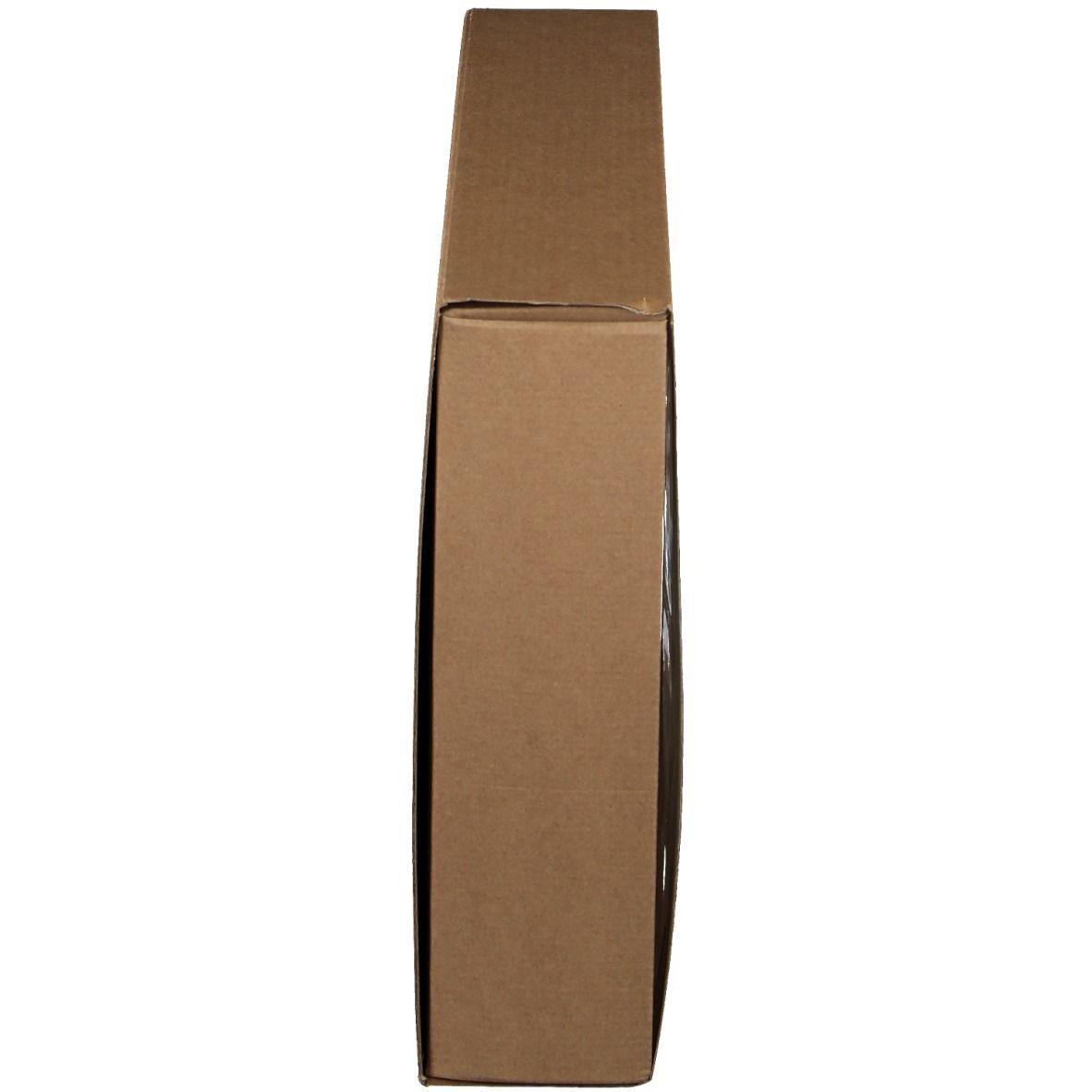 Boîte en carton marron, rectangulaire, en position verticale. Le dessus est légèrement ouvert.