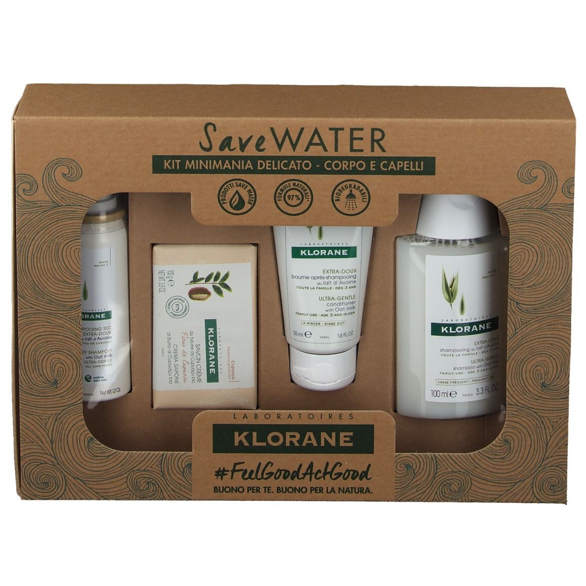 Coffret cadeau KLORANE. Contient quatre produits : flacon, savon, tube et flacon. Emballage en carton.