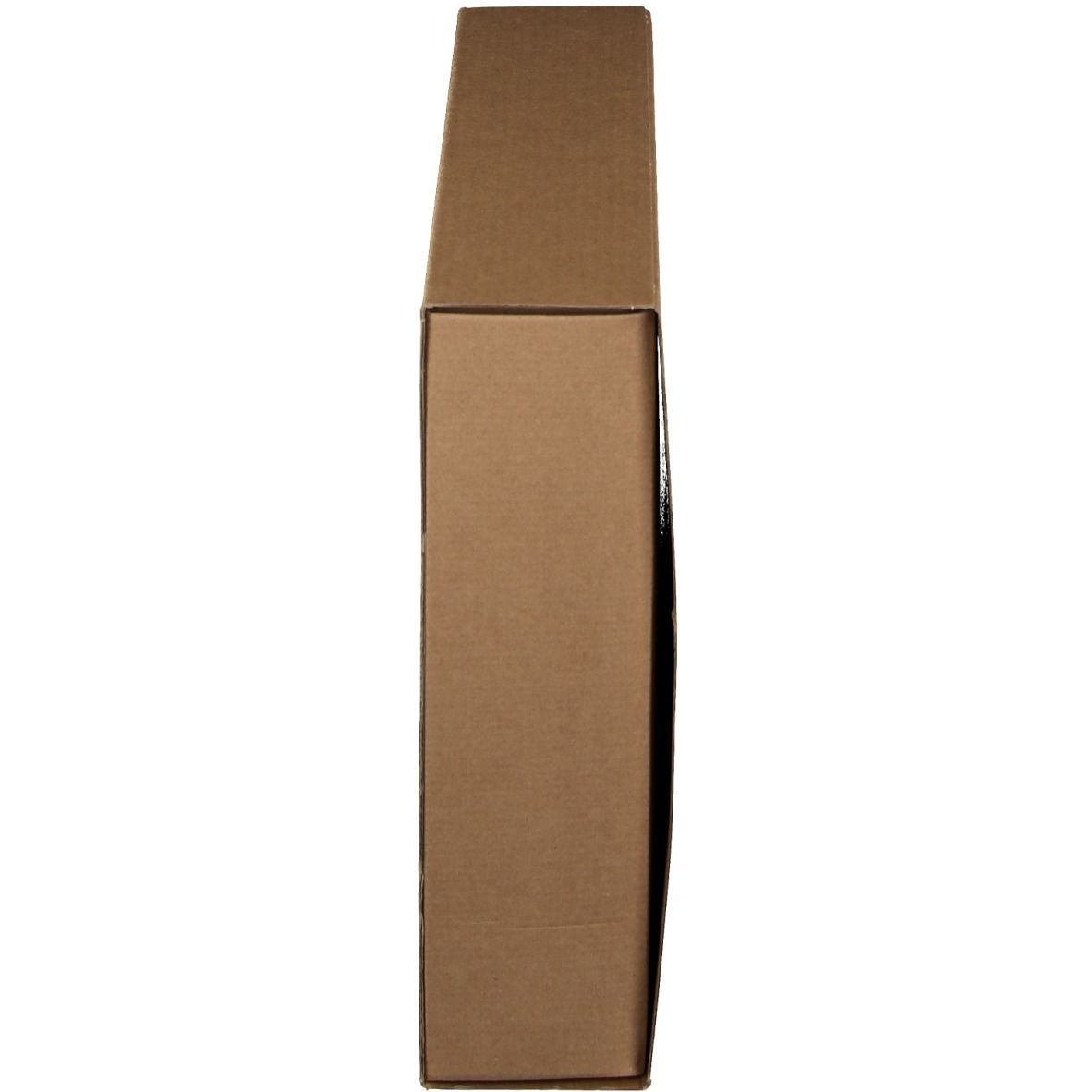 Emballage en carton rectangulaire marron, vue latérale. Couvercle fermé.