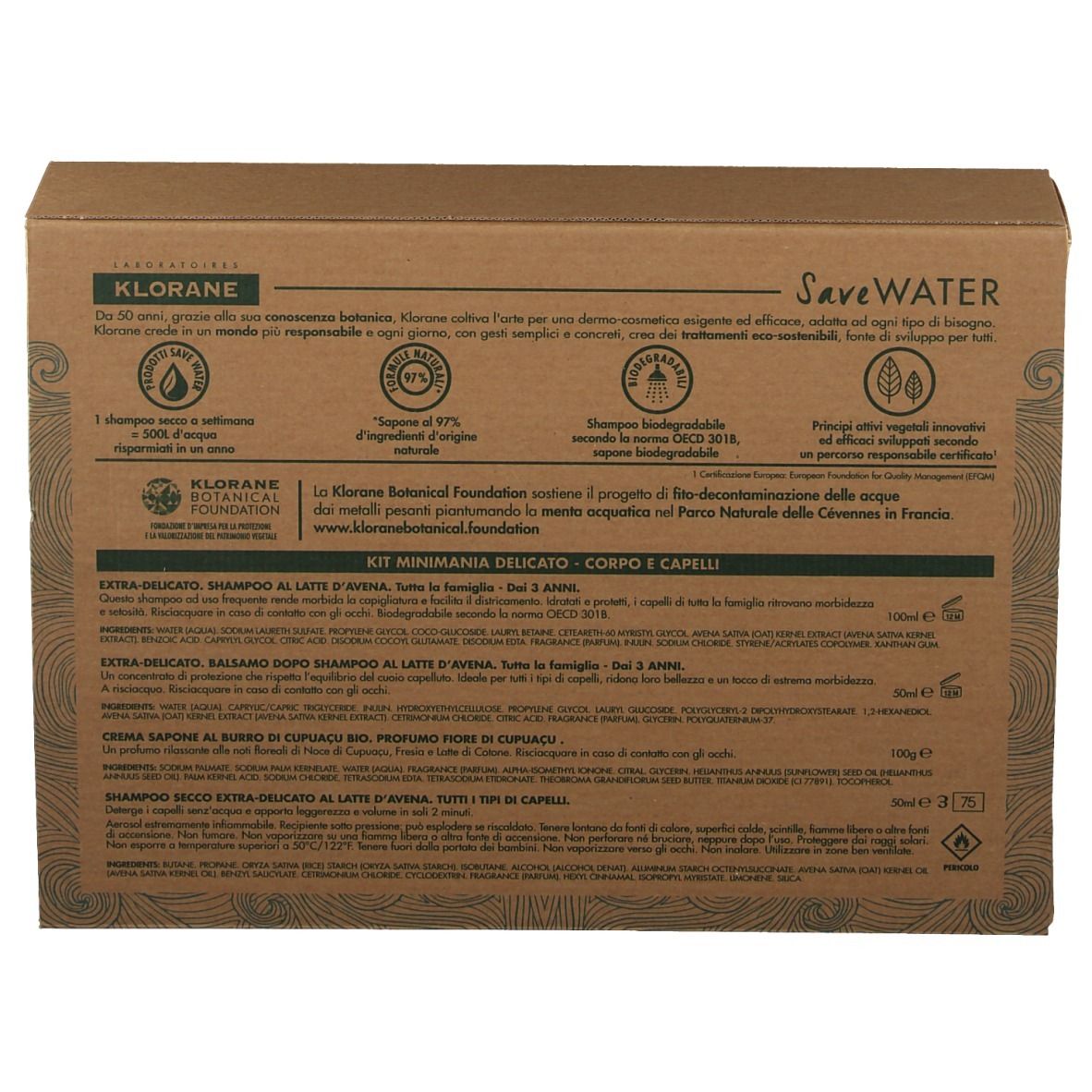 Dos de l'emballage en carton. Texte multilingue. Contient des informations sur le produit.