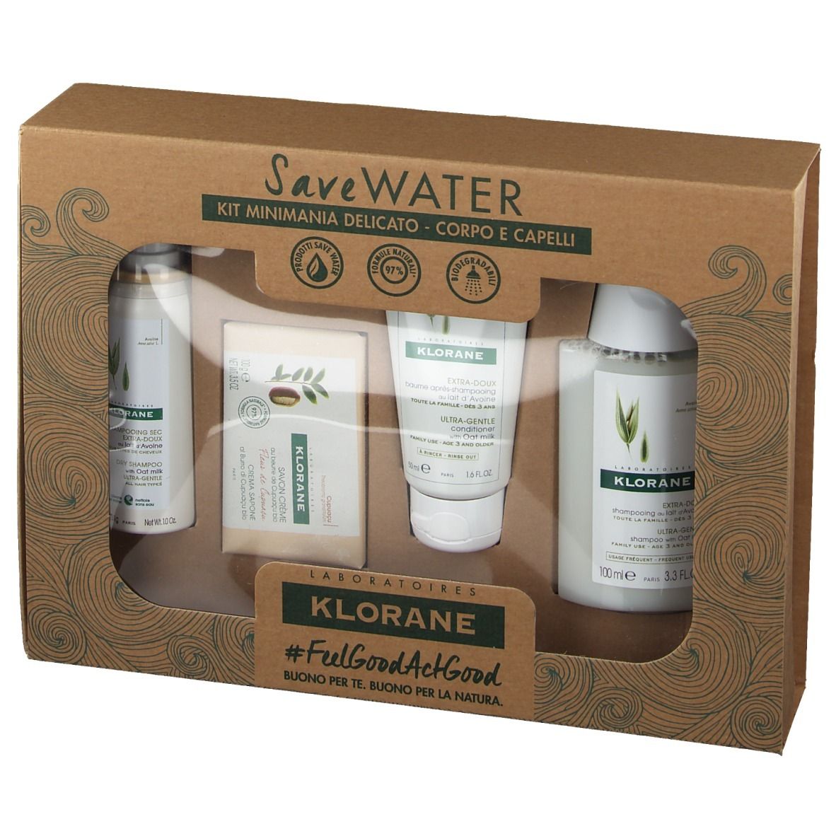 Coffret cadeau KLORANE. Contient quatre produits : flacon, savon, tube et flacon. Emballage en carton.