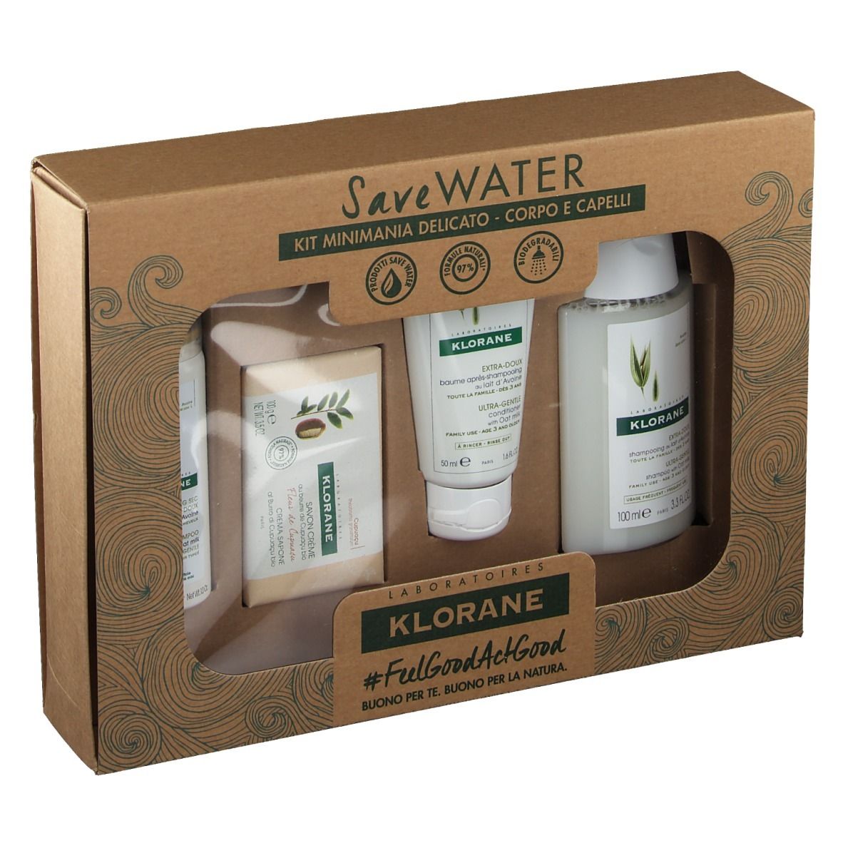 Coffret cadeau KLORANE. Contient quatre produits : flacon, savon, tube et flacon. Emballage en carton.