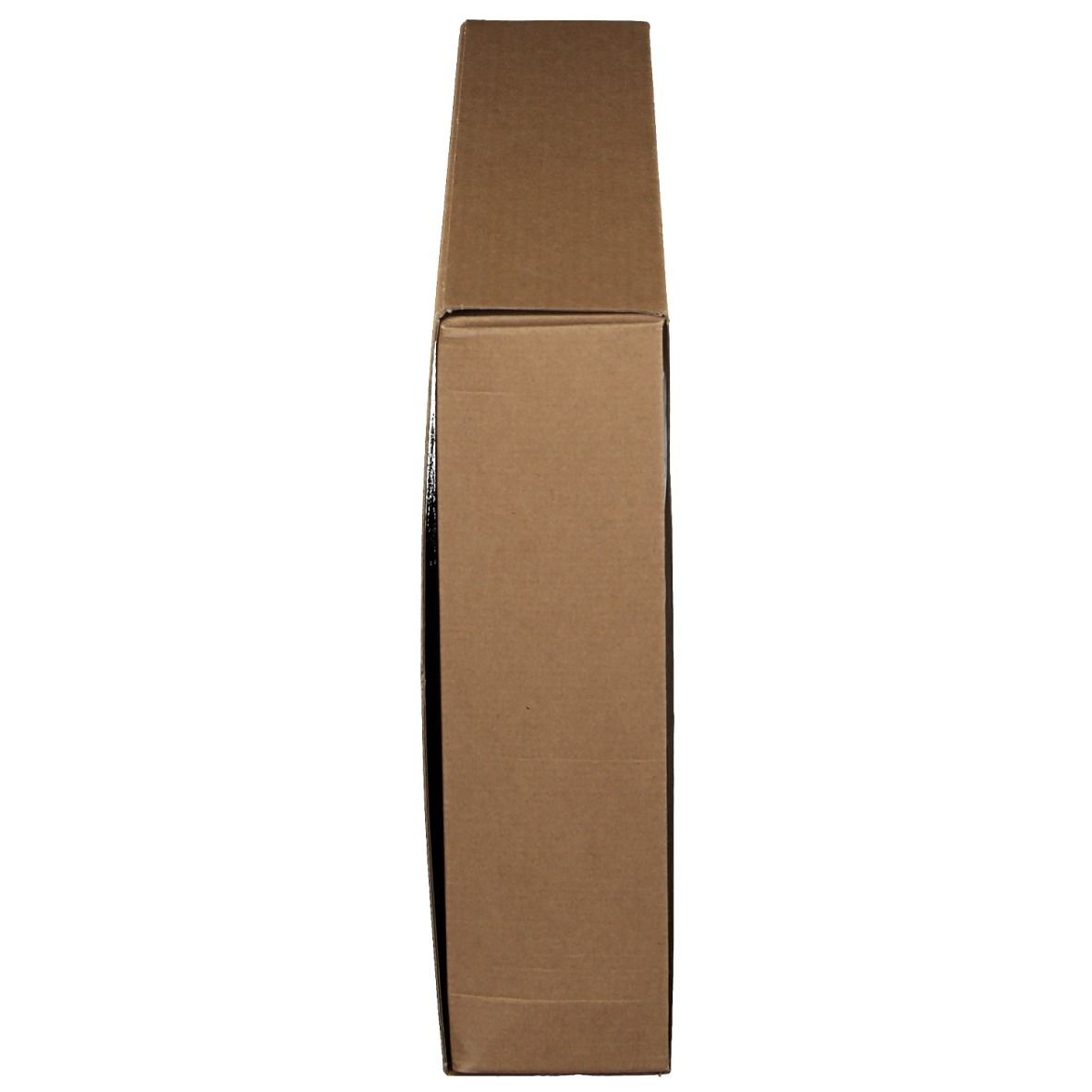 Emballage en carton rectangulaire marron, vue latérale. Couvercle fermé.