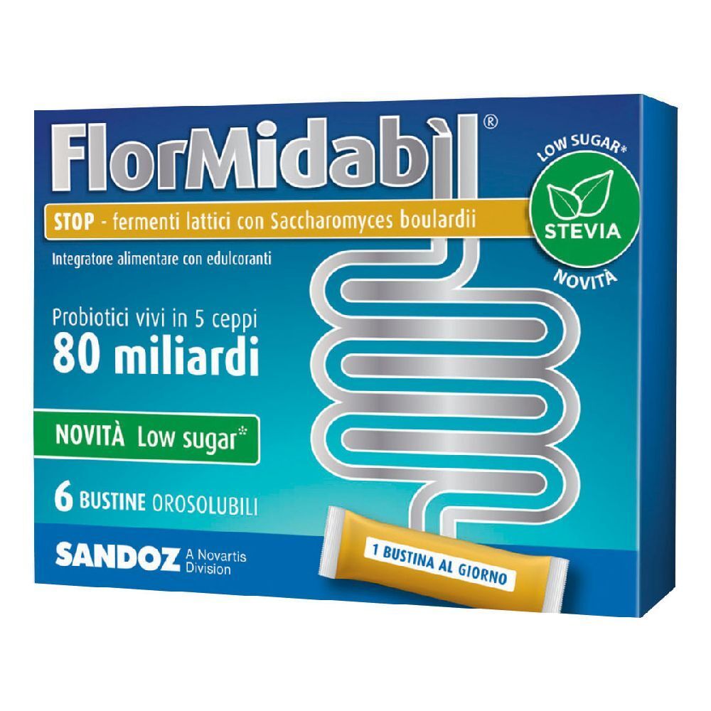 Packung FlorMidabìl STOP. Enthält 6 Beutel. Aufschrift: 80 Milliarden, Low Sugar, Stevia. Einzelbeutel daneben.