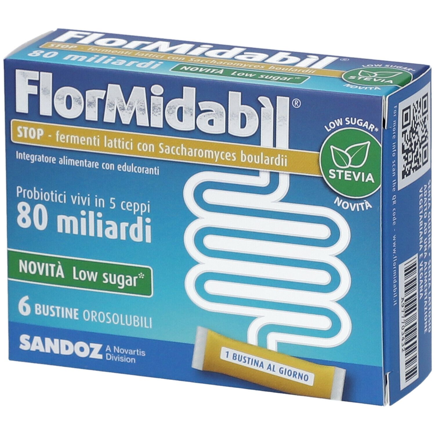 FlorMidabìl STOP-Packung. 6 Beutel, 80 Milliarden, Low Sugar, Stevia. QR-Code und vegetarisch/vegan.