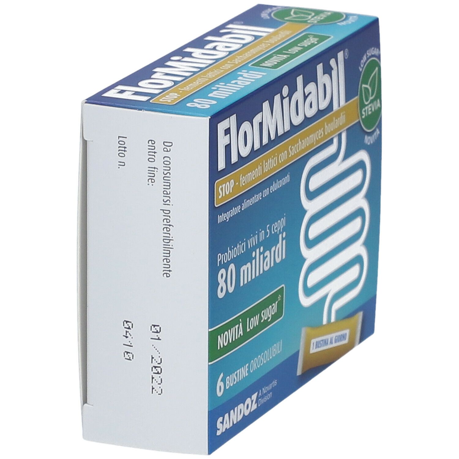 FlorMidabìl STOP-Packung, schräg. 6 Beutel, 80 Milliarden, Low Sugar, Stevia. Aufschrift: Da consumarsi preferibilmente entro 01/2022.