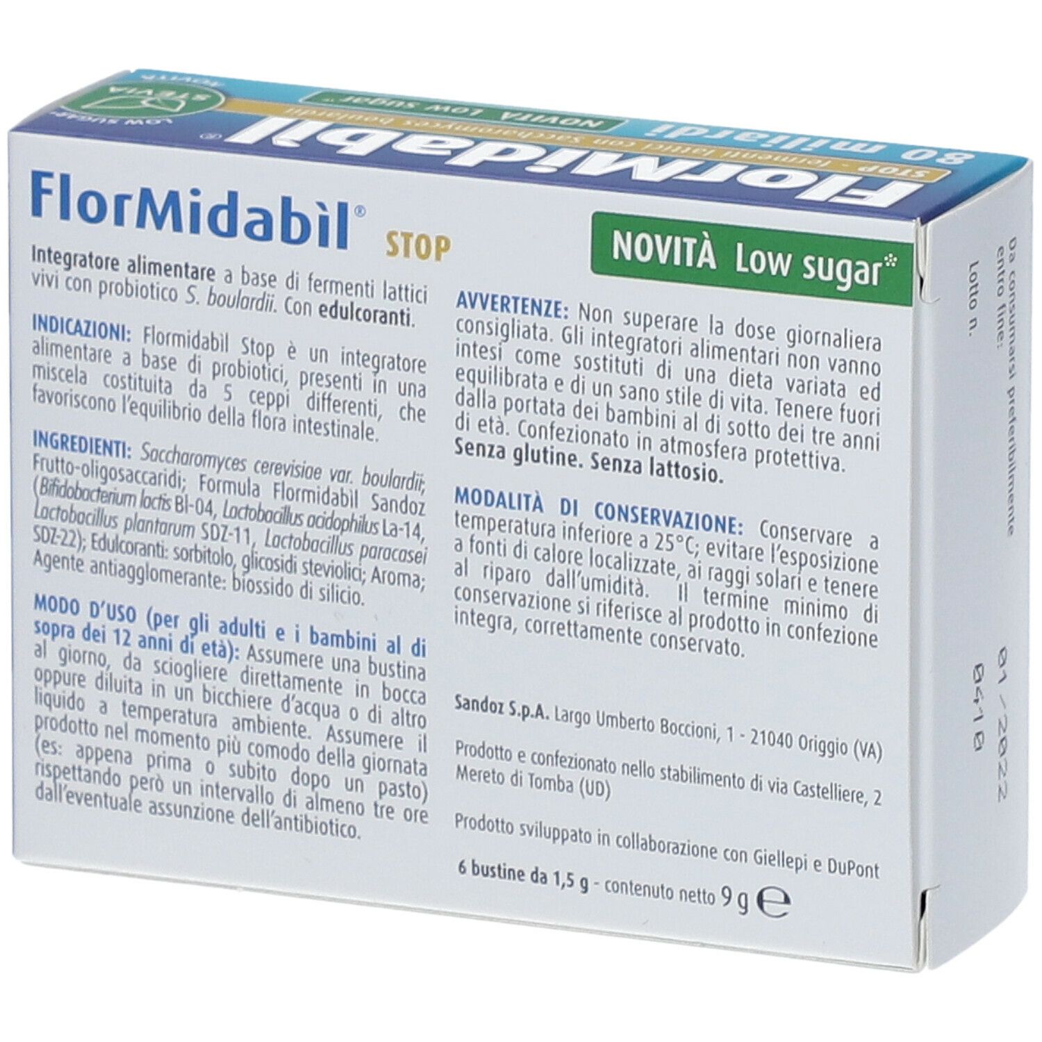 Rückseite der FlorMidabìl STOP-Packung. Text: Inhaltsstoffe, Anwendung, Warnhinweise, Lagerung. Glutenfrei, laktosefrei.