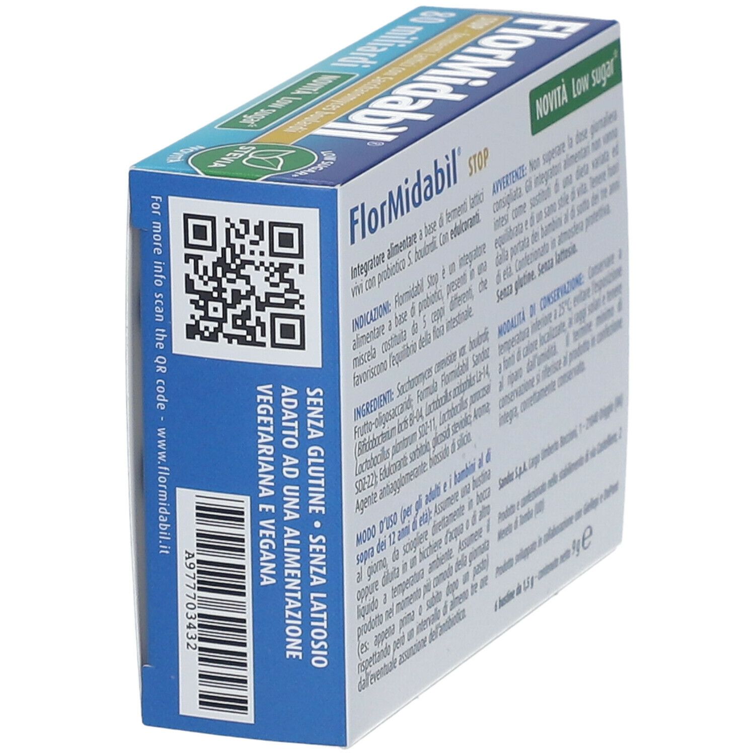 Rückseite der FlorMidabìl STOP-Packung. QR-Code. Text: Glutenfrei, laktosefrei, vegetarisch, vegan.