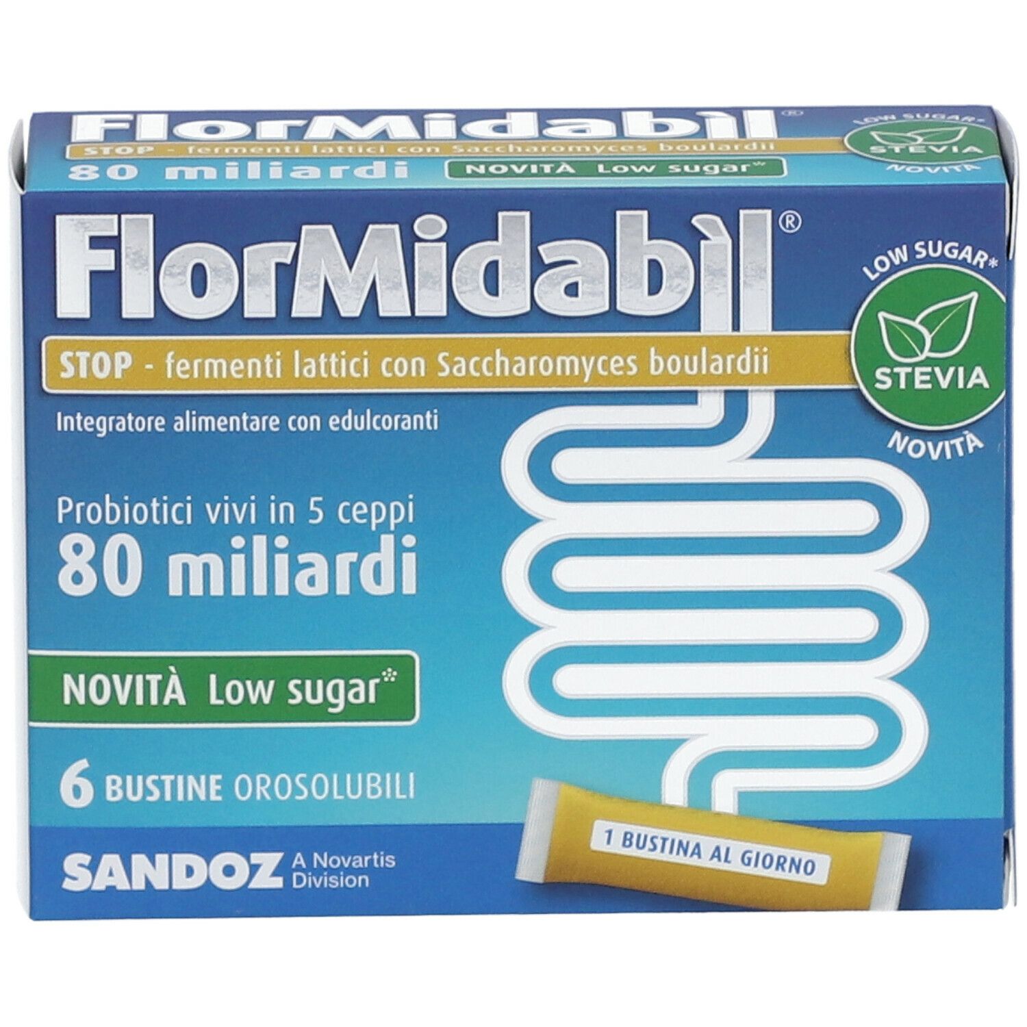 FlorMidabìl STOP-Packung. 6 Beutel, 80 Milliarden, Low Sugar, Stevia. Einzelbeutel daneben.