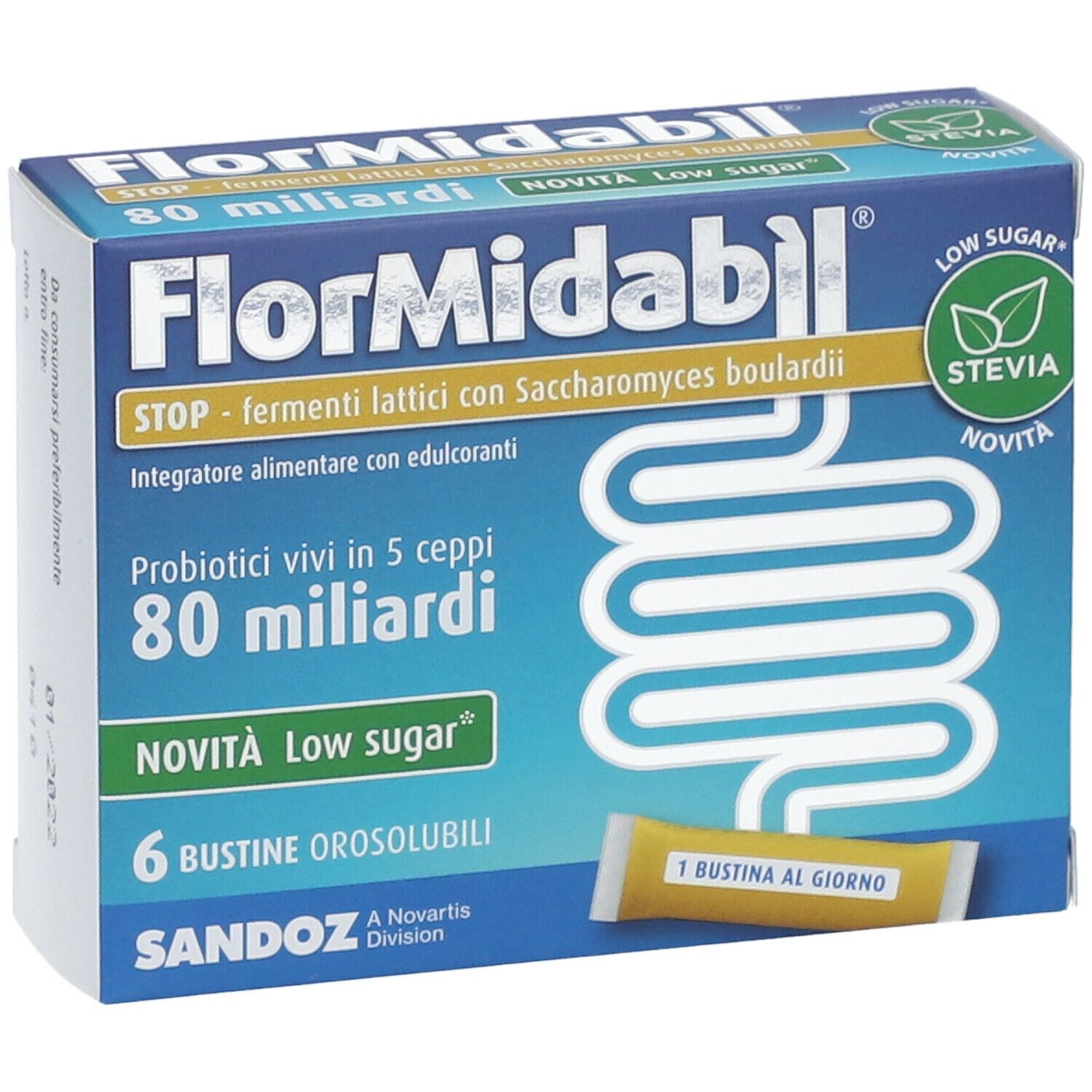 FlorMidabìl STOP-Packung. 6 Beutel, 80 Milliarden, Low Sugar, Stevia. Einzelbeutel daneben.