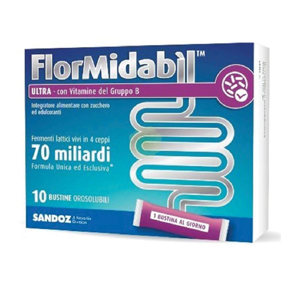 Verpackung von FlorMidabil ULTRA Bustine. Blaue Schachtel mit Produktnamen und Informationen. Eine Einzel-Bustina ist sichtbar.