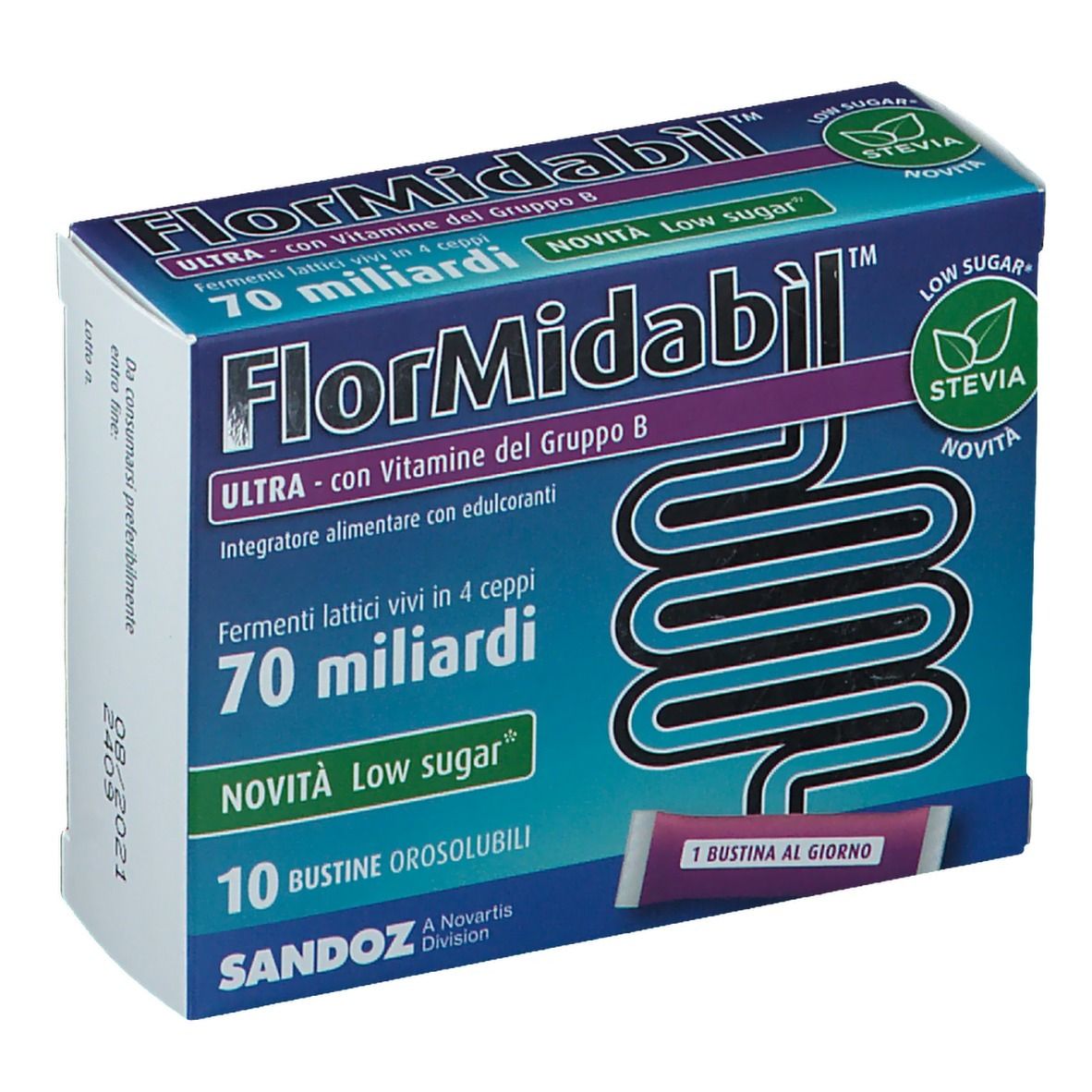FlorMidabil ULTRA Bustine Verpackung. Blaue Schachtel mit Produktnamen, 'Low Sugar' und 'Stevia' Logo. Einzelne Bustina sichtbar.