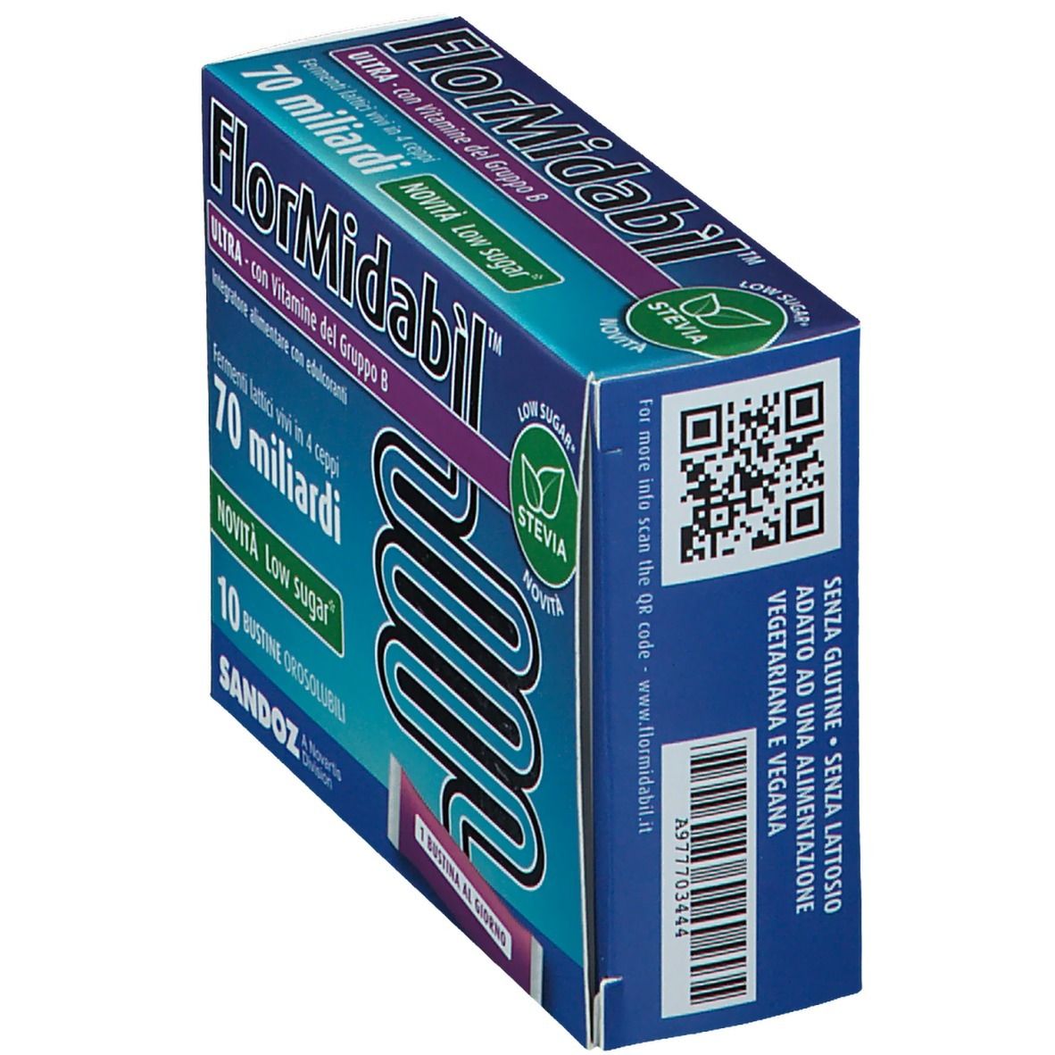 FlorMidabil ULTRA Bustine Verpackung. Blaue Schachtel mit Produktnamen, 'Low Sugar' und 'Stevia' Logo. Ansicht von oben.