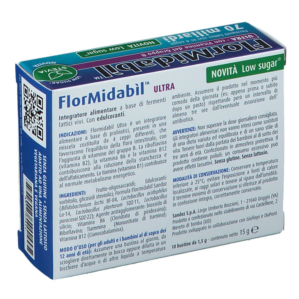 FlorMidabil ULTRA Bustine Verpackung. Blaue Schachtel mit Produktinformationen, QR-Code und Text. Rückseite.