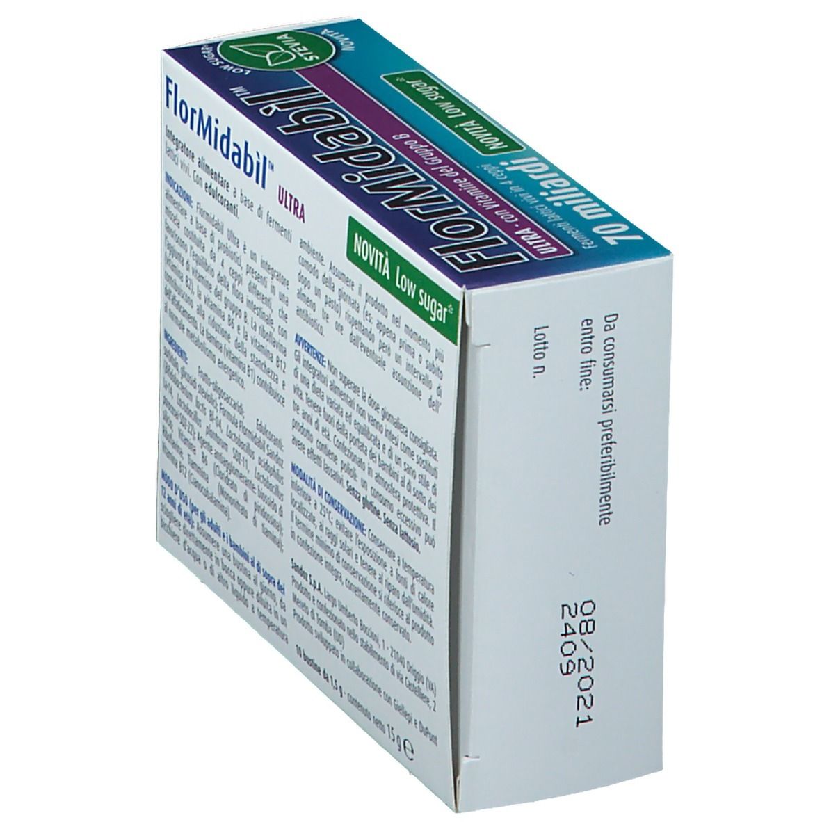 FlorMidabil ULTRA Bustine Verpackung. Blaue Schachtel mit Produktinformationen und Verfallsdatum. Ansicht von oben.