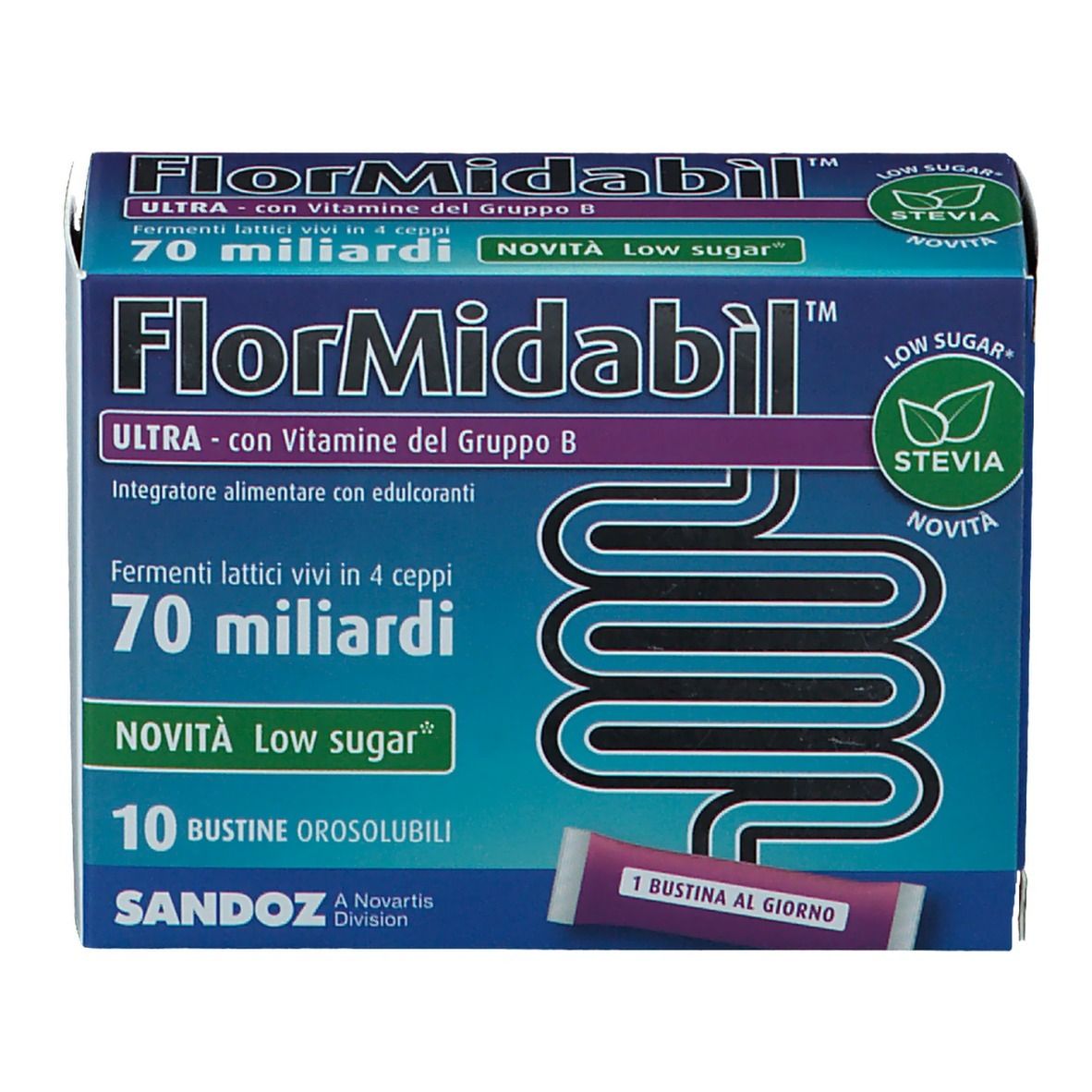 FlorMidabil ULTRA Bustine Verpackung. Blaue Schachtel mit Produktnamen, 'Low Sugar' und 'Stevia' Logo. Einzelne Bustina sichtbar.