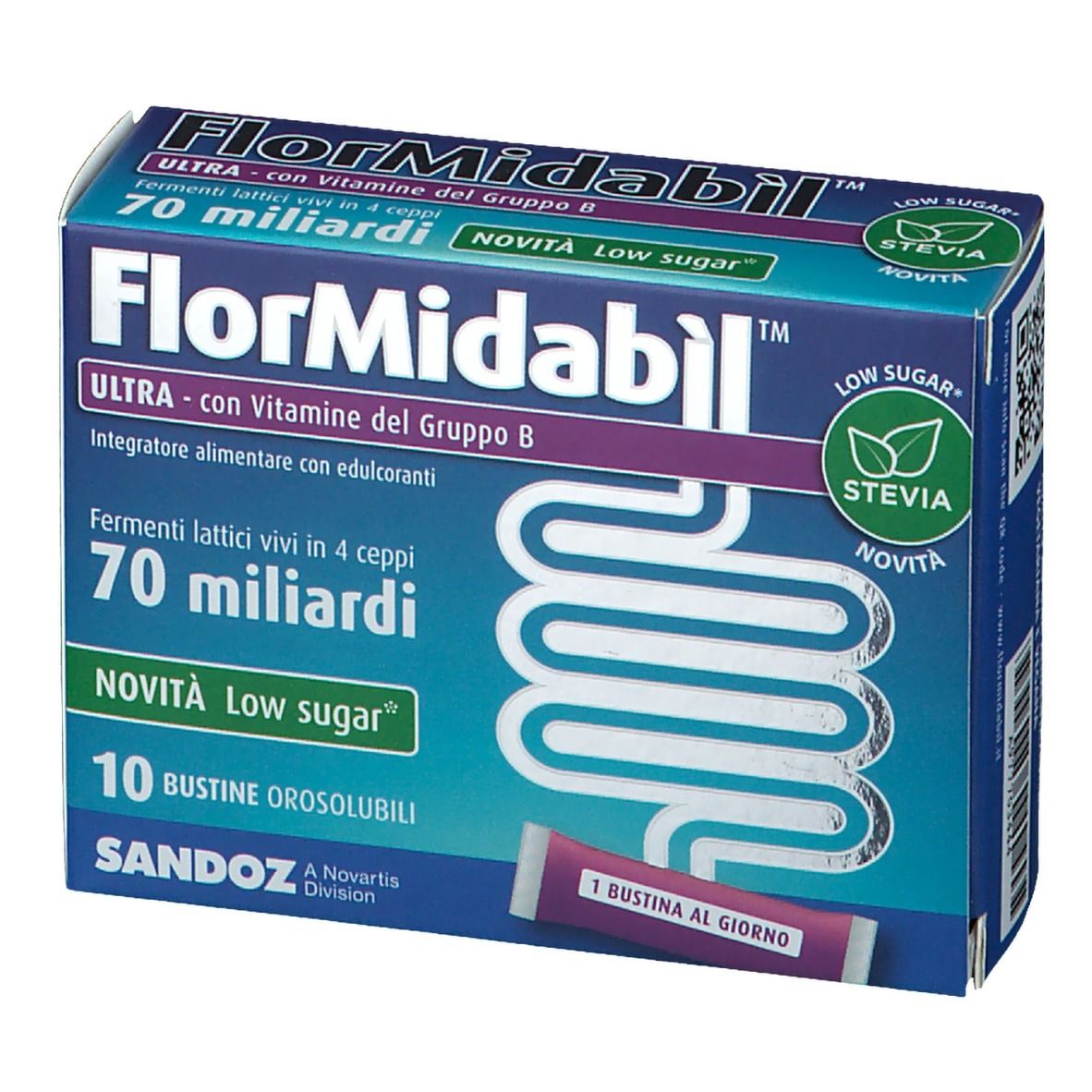 FlorMidabil ULTRA Bustine Verpackung. Blaue Schachtel mit Produktnamen, 'Low Sugar' und 'Stevia' Logo. Einzelne Bustina sichtbar.