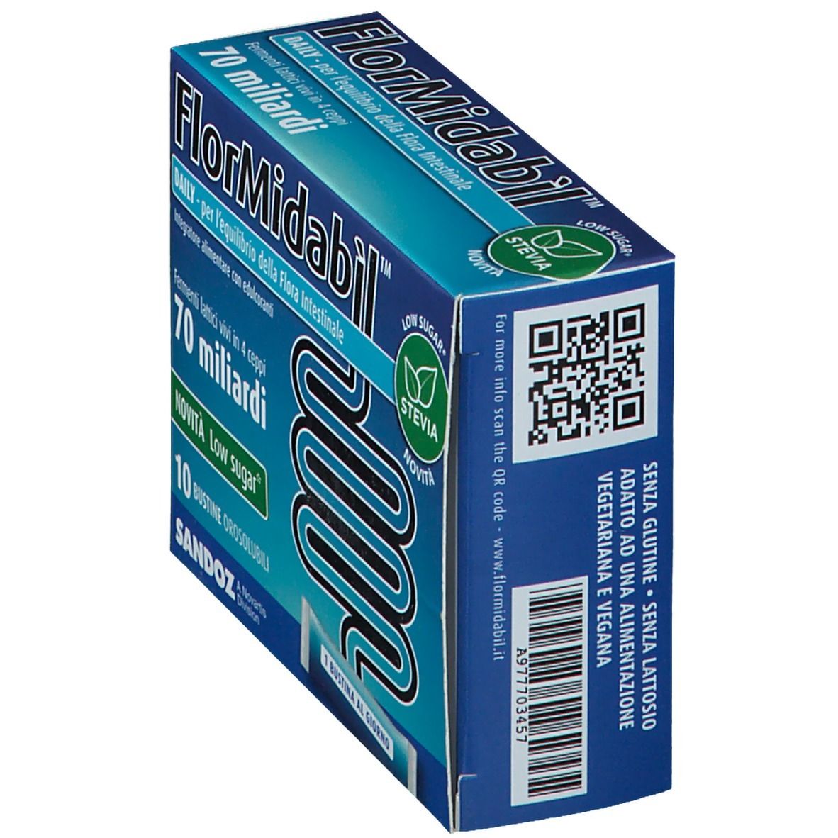 Blau-weiße Schachtel mit Produktnamen und Informationen. Perspektivische Ansicht.