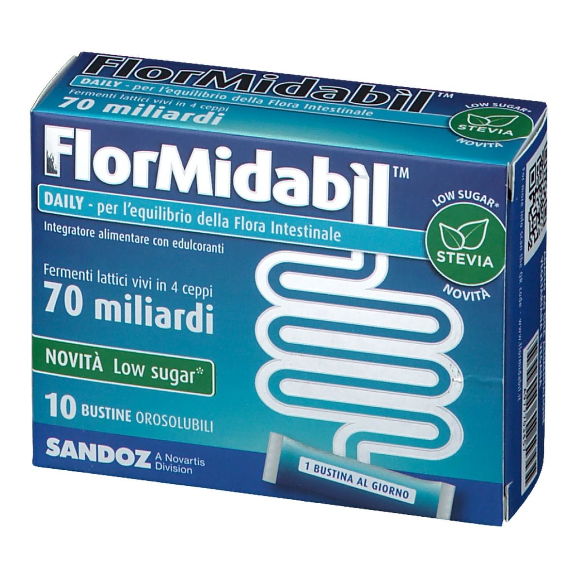 Blau-weiße Schachtel mit Produktnamen und Informationen. Eine einzelne Beutel-Abbildung unten rechts.