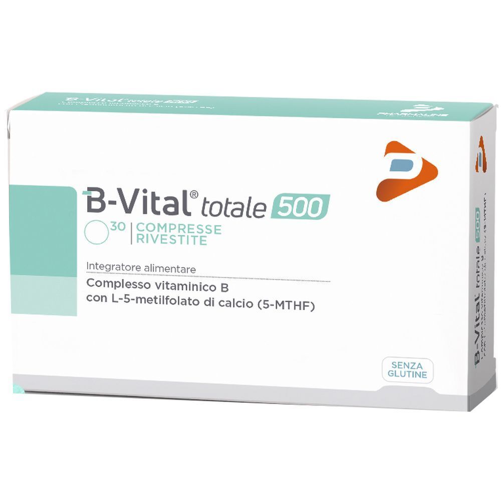 Boîte de B-Vital totale 500. Emballage blanc avec accent turquoise. Contient 30 comprimés. Sans gluten.