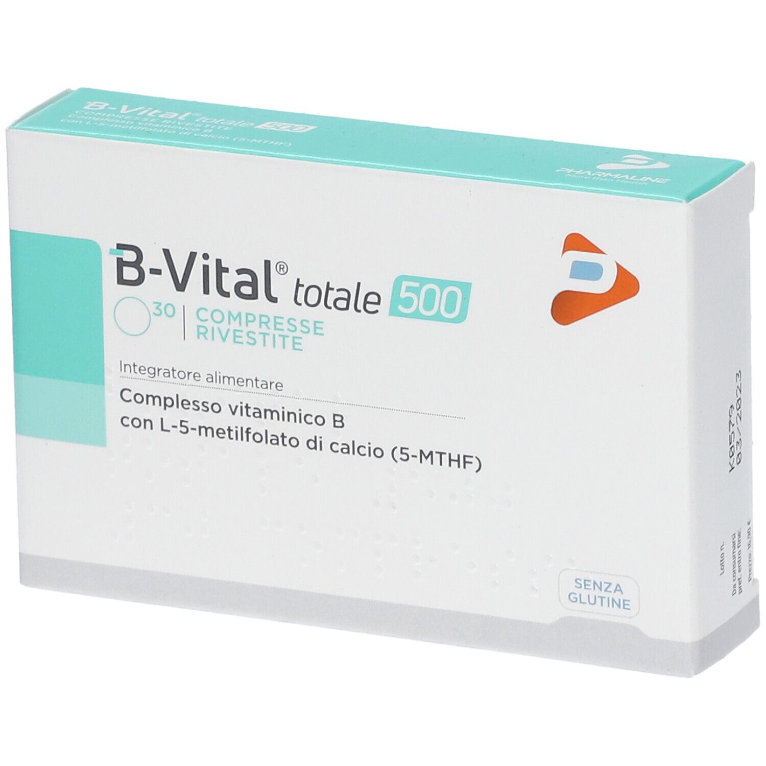 B-VITAL totale 500 Packung. Enthält 30 Tabletten. Aufschrift: Integratore alimentare, Compresso vitaminico B.