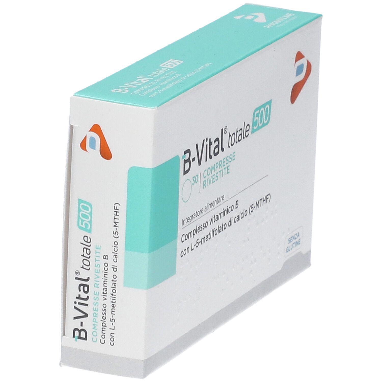 B-VITAL totale 500 Packung. Enthält 30 Tabletten. Aufschrift: Integratore alimentare, Compresso vitaminico B.