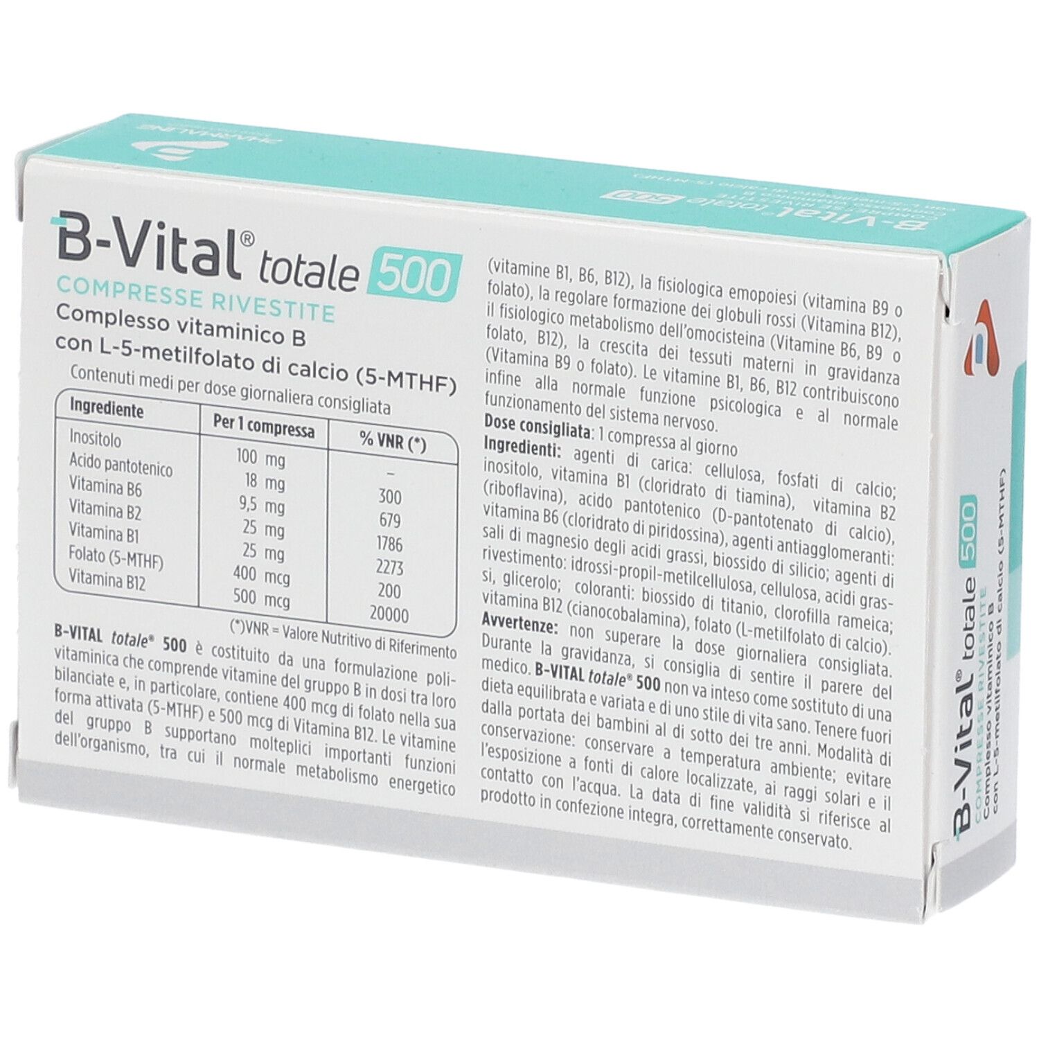 B-VITAL totale 500 Packung, Rückseite. Enthält Informationen zu Inhaltsstoffen und Dosierung. Text in italienischer Sprache.
