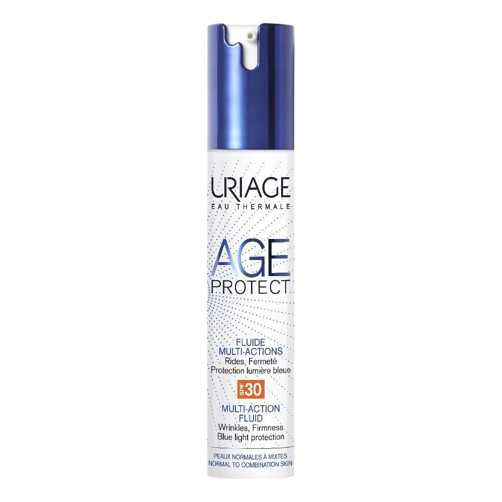 Flacon cylindrique bleu et blanc. Inscriptions: URIAGE, AGE PROTECT, Fluide multi-actions, SPF30. Pour peaux normales à mixtes.