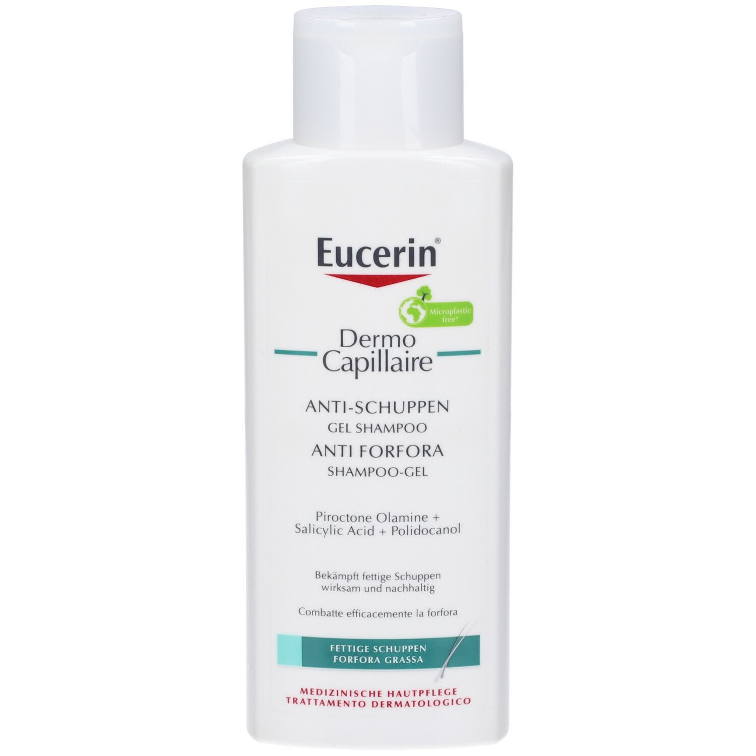 Eucerin DermoCapillaire Shampoo antipelliculaire. Flacon blanc, étiquette verte. Nom du produit et logo visibles.