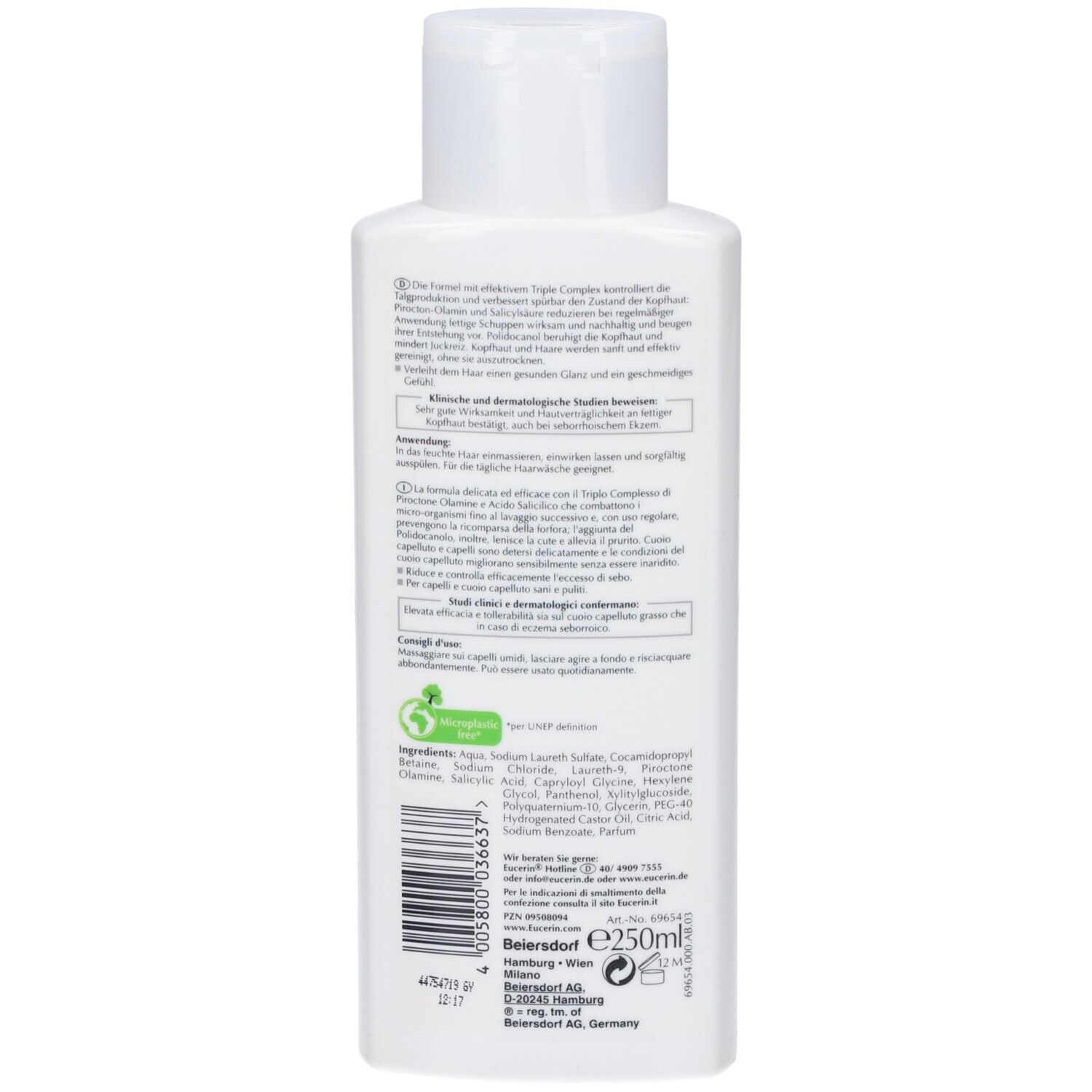 Dos du flacon de shampooing Eucerin DermoCapillaire. Informations textuelles, ingrédients et logo. 250ml.