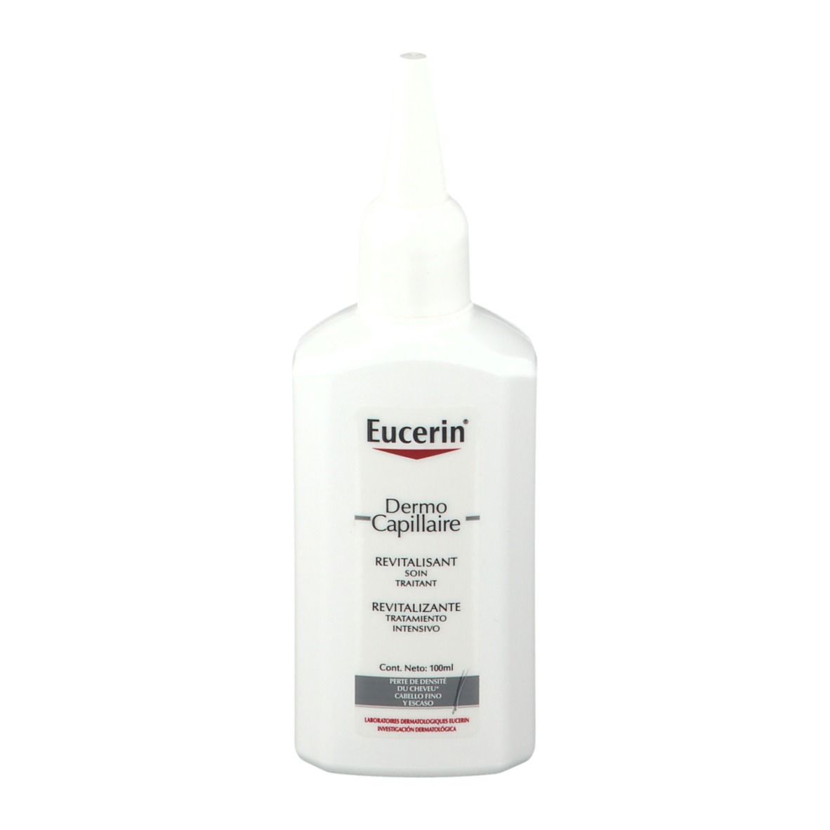 Flacon blanc Eucerin DermoCapillaire. Logo et nom du produit. Embout applicateur. Texte en italien.