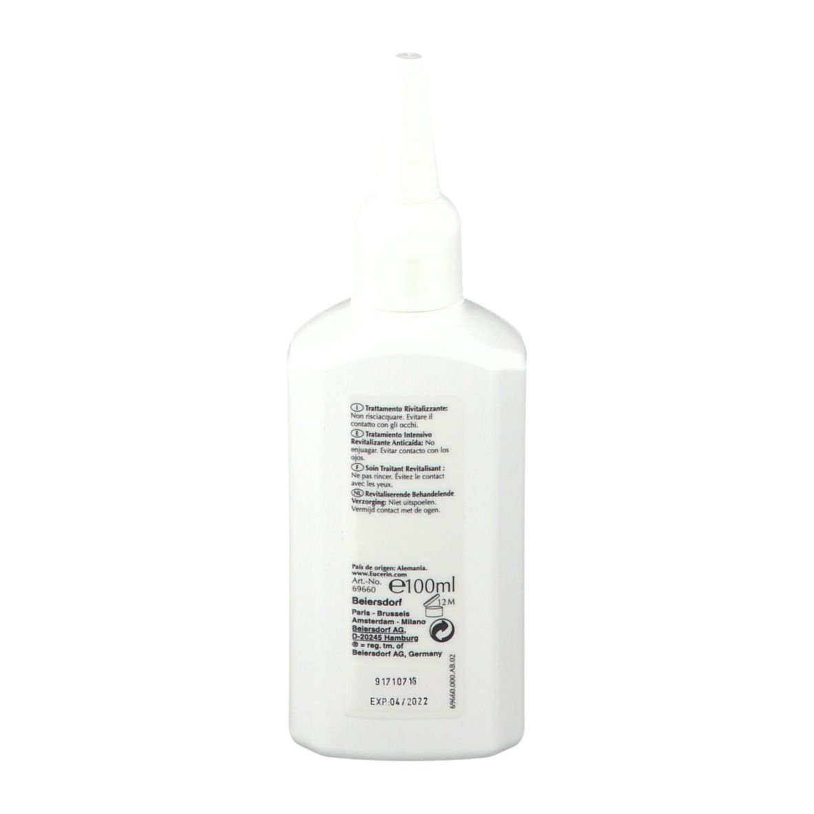 Dos du flacon blanc Eucerin. Texte multilingue. Informations fabricant. Contenance 100ml.