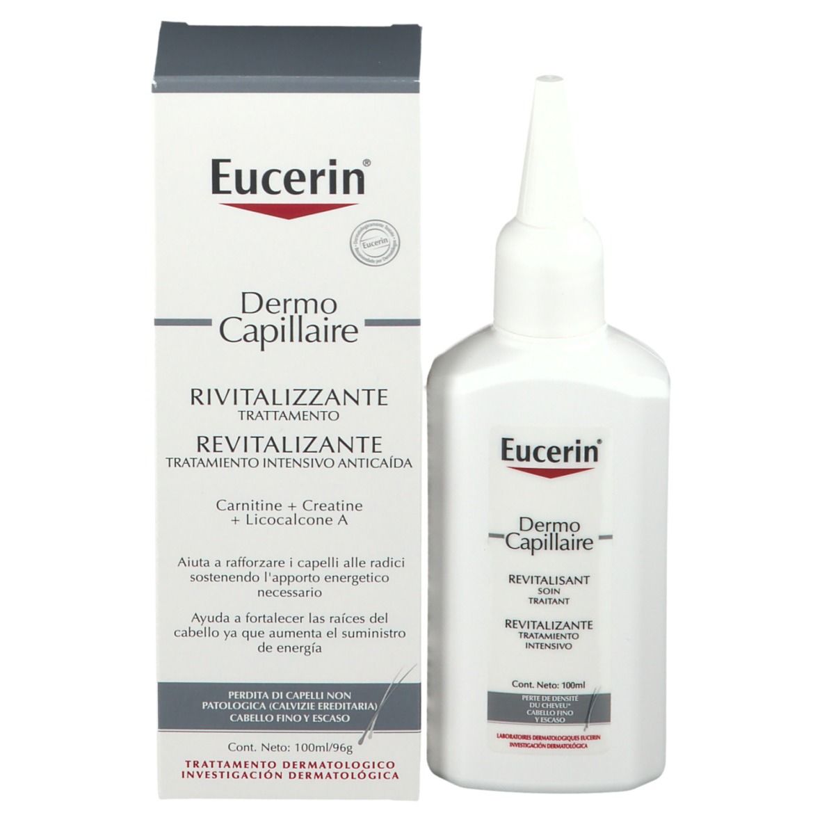Eucerin DermoCapillaire avec emballage. Flacon et boîte. Nom et logo du produit. Texte en italien.