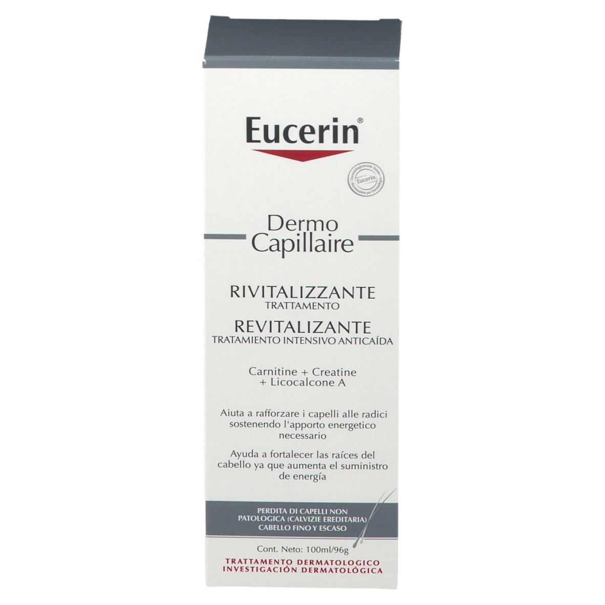 Emballage Eucerin DermoCapillaire. Boîte avec nom et logo du produit. Texte en italien.