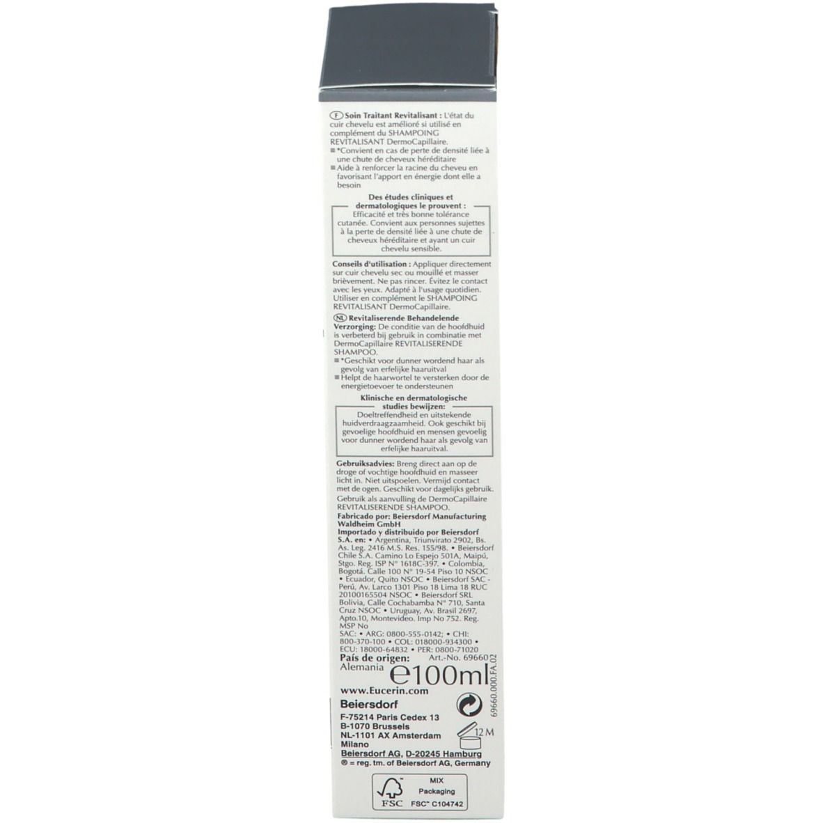 Dos de l'emballage Eucerin. Texte multilingue. Informations fabricant. Contenance 100ml.