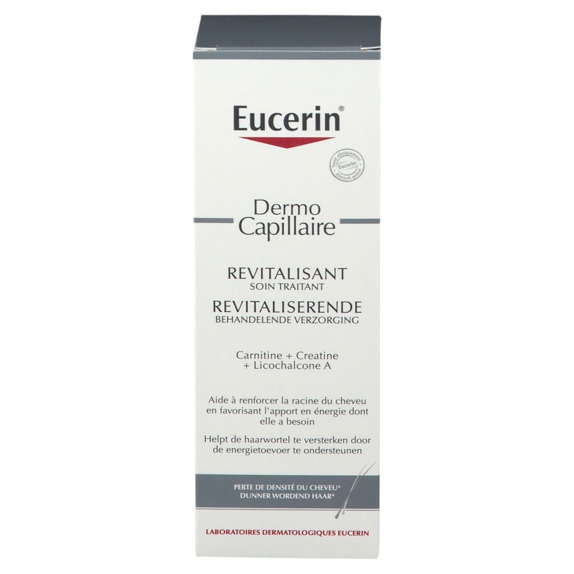 Emballage Eucerin DermoCapillaire. Nom et logo du produit. Texte multilingue. Ingrédients.