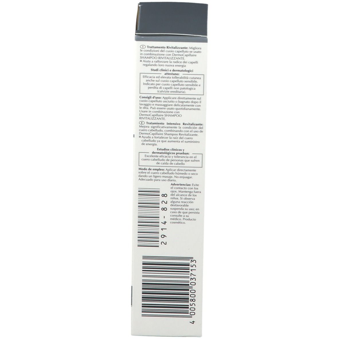 Dos de l'emballage Eucerin. Code-barres. Texte multilingue. Informations fabricant.