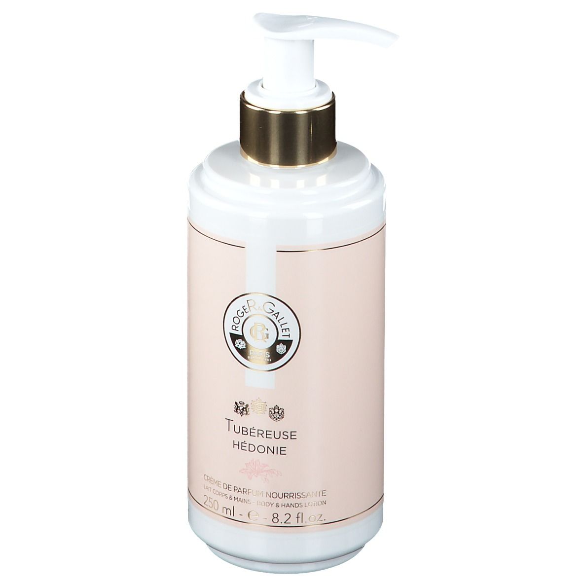 Weißer Spender mit rosa Etikett. Goldener Pumpkopf. Text: Tubéreuse Hédonie, Crème de Parfum Nourrissante. 250 ml.