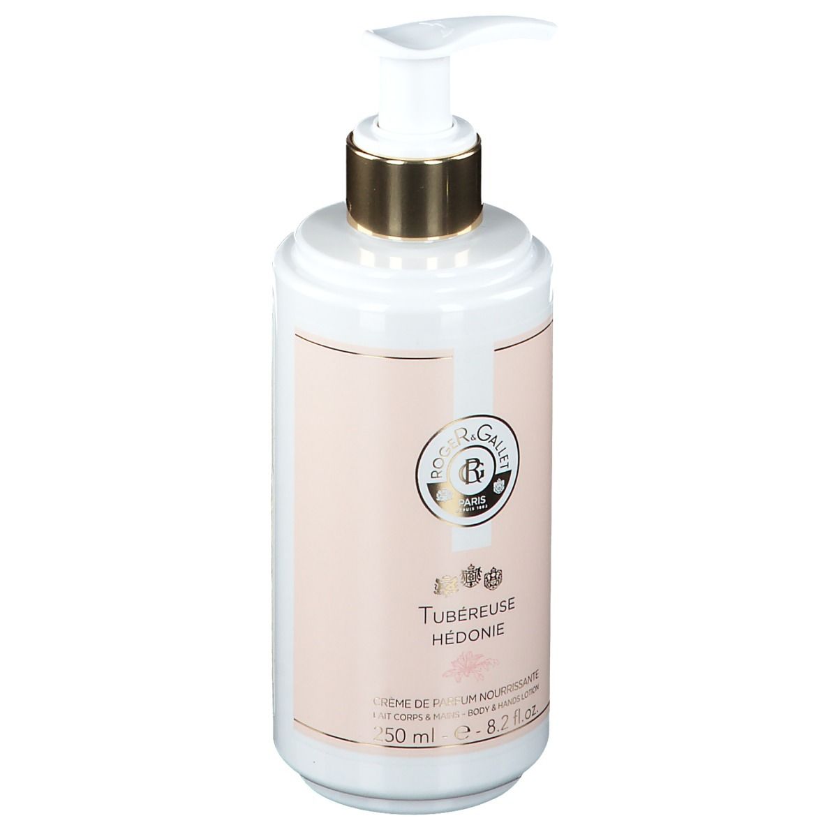 Weißer Spender mit rosa Etikett. Goldener Pumpkopf. Text: Tubéreuse Hédonie, Crème de Parfum Nourrissante. 250 ml.