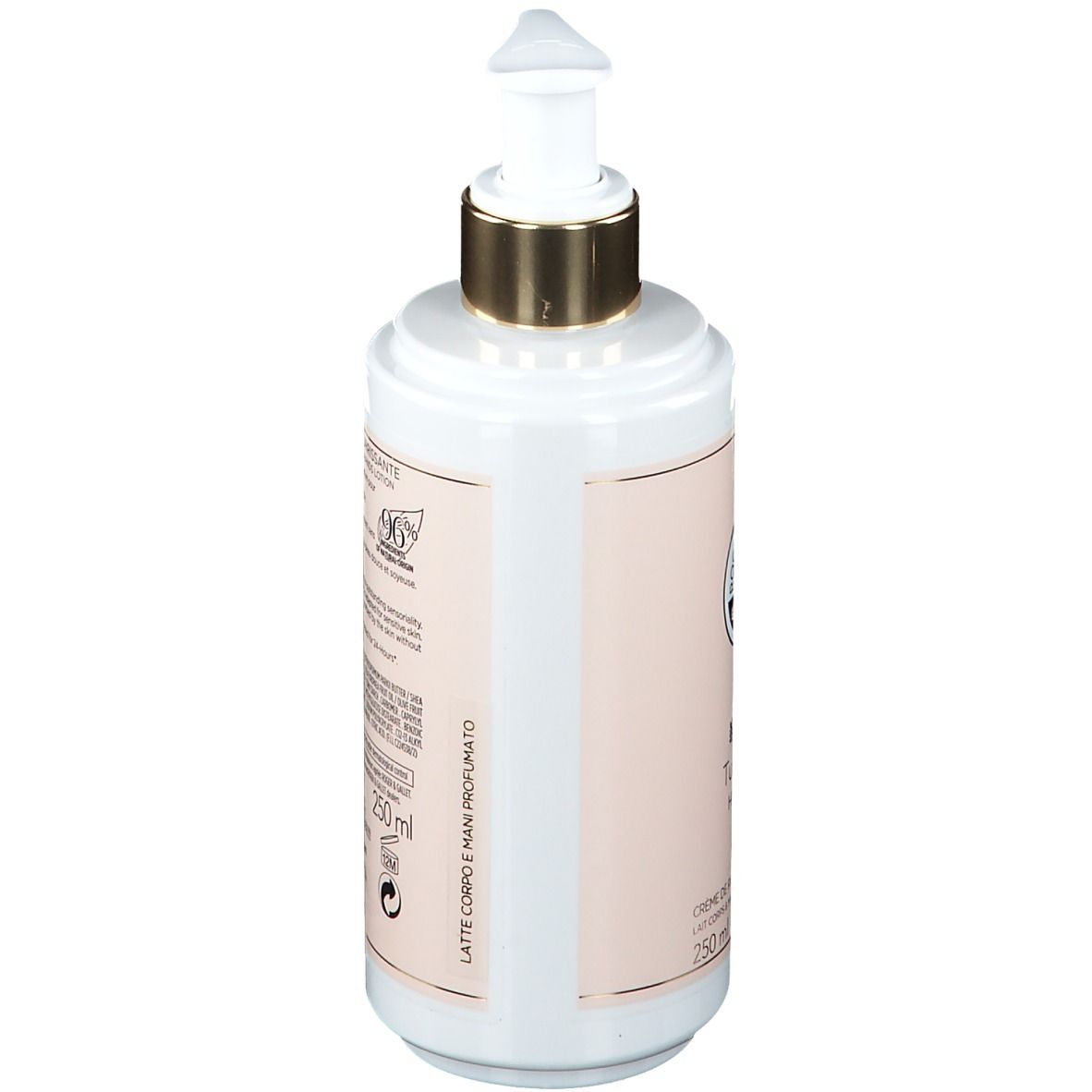 Weißer Spender, rosa Etikett. Goldener Pumpkopf. Text: Crème de Parfum Nourrissante. 250 ml. Logo.