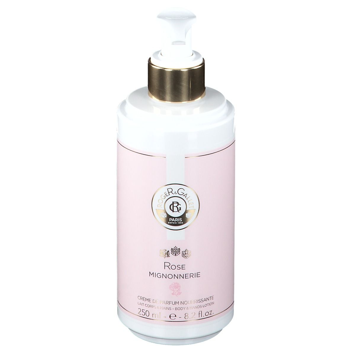 Flacon blanc et rose avec pompe. Inscription : Rose Mignonnerie, Roger & Gallet.