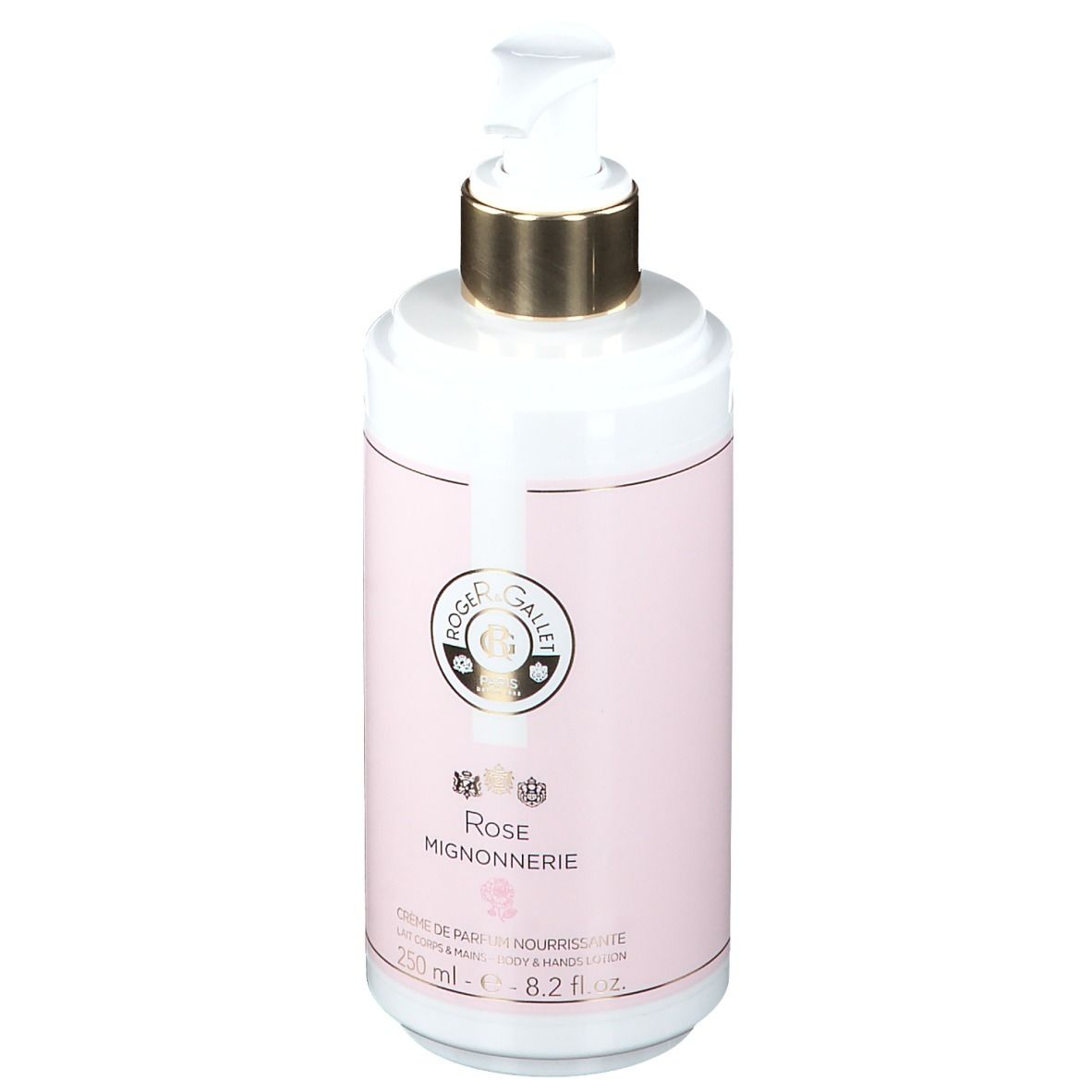 Flacon blanc et rose avec pompe. Inscription : Rose Mignonnerie, Roger & Gallet.