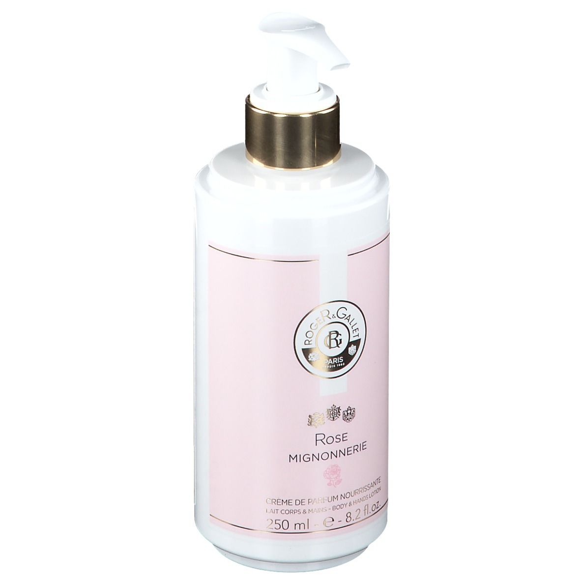 Flacon blanc et rose avec pompe. Inscription : Rose Mignonnerie, Roger & Gallet.