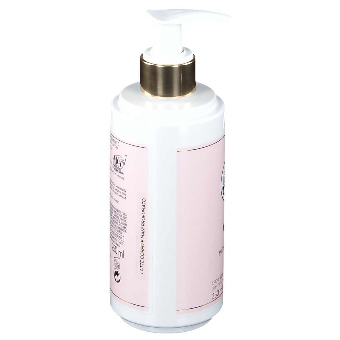 Flacon blanc et rose avec pompe. Dos avec texte et logo.