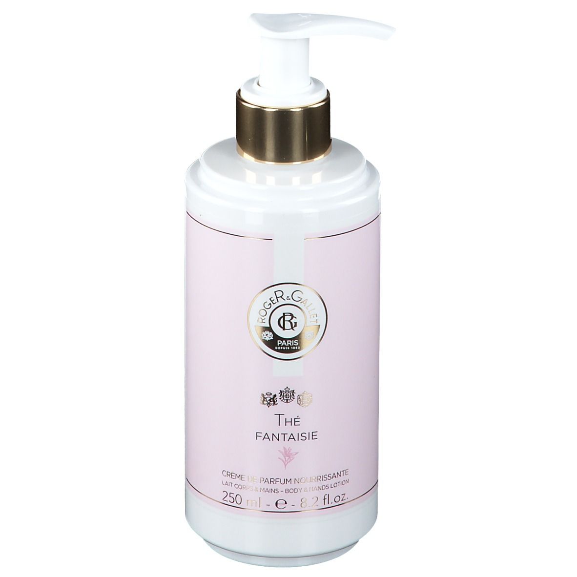 Flacon blanc avec étiquette rose, pompe dorée. Texte: Roger & Gallet, Thé Fantaisie, Crème Parfumée, 250 ml.
